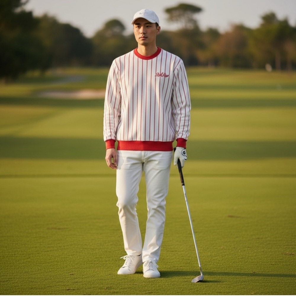 Bogey Boys by Macklemore Men's XL Red/White Pinstripe Crewneck Sweatshirt NWOT